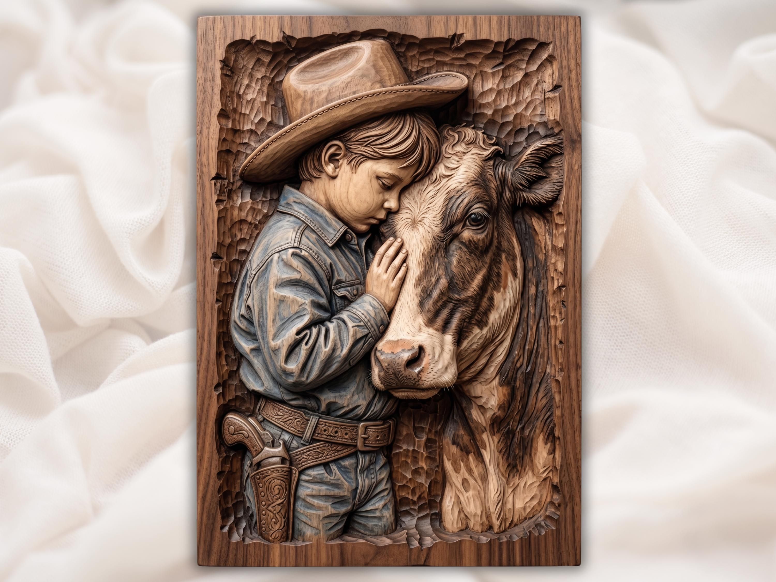 Bas-relief carving of a young cowboy in a hat hugging his calf, cheek to cheek, hand on its face.
