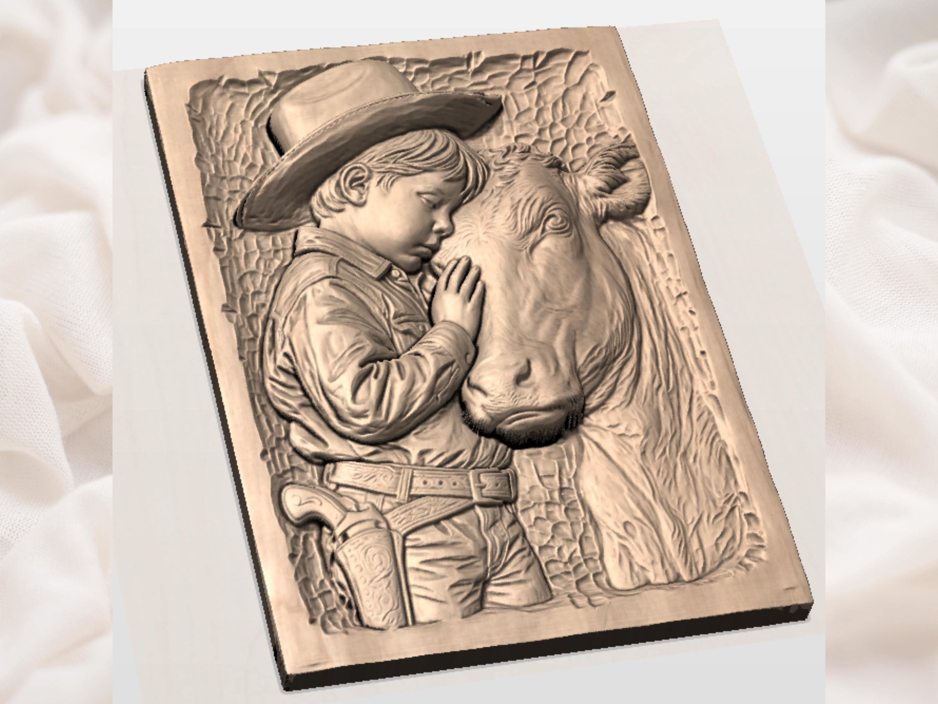 Young Cowboy Hugging His Calf Bas-Relief STL Carving bas-relief STL — view 2