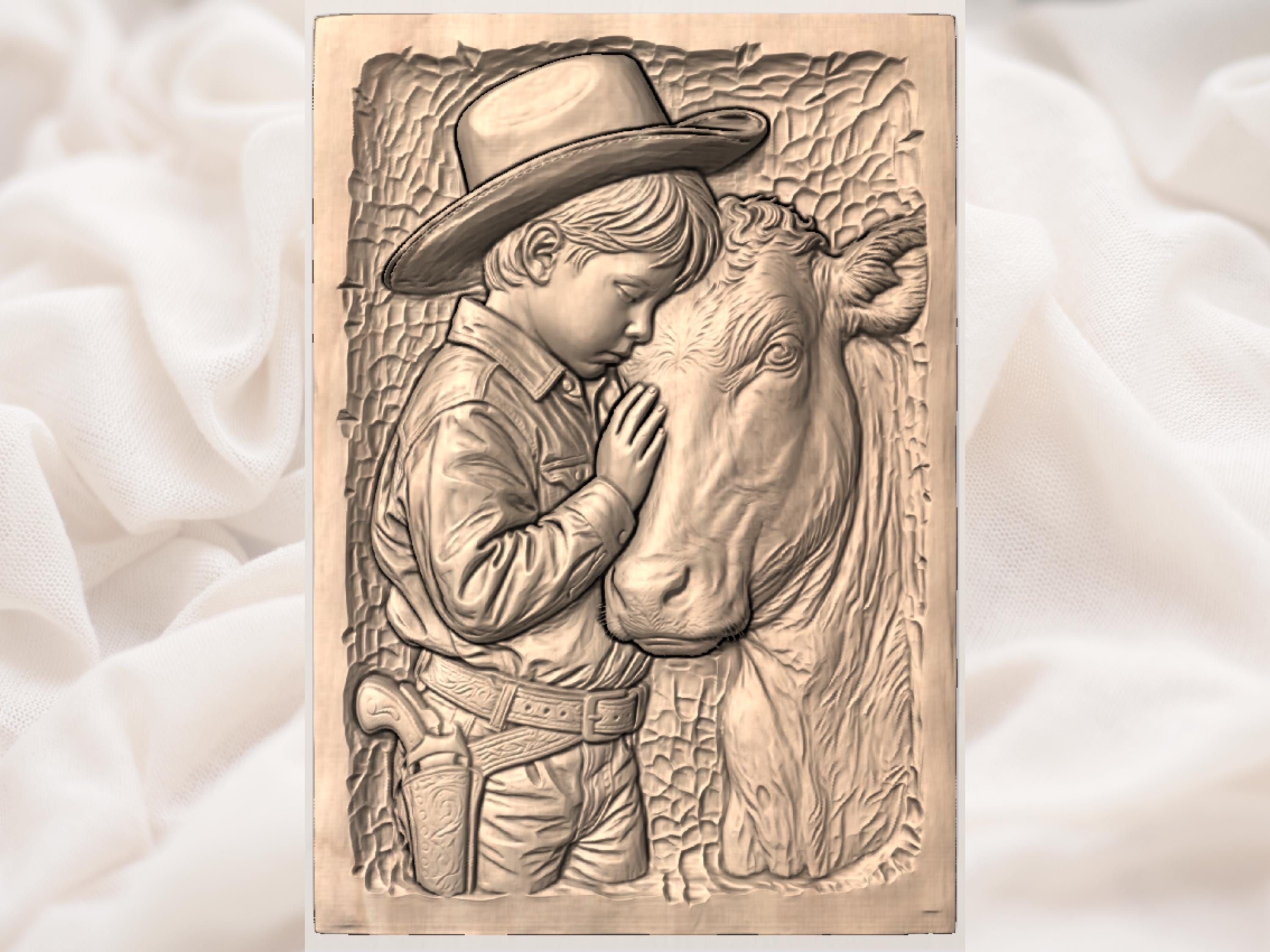 Young Cowboy Hugging His Calf Bas-Relief STL Carving bas-relief STL — view 3