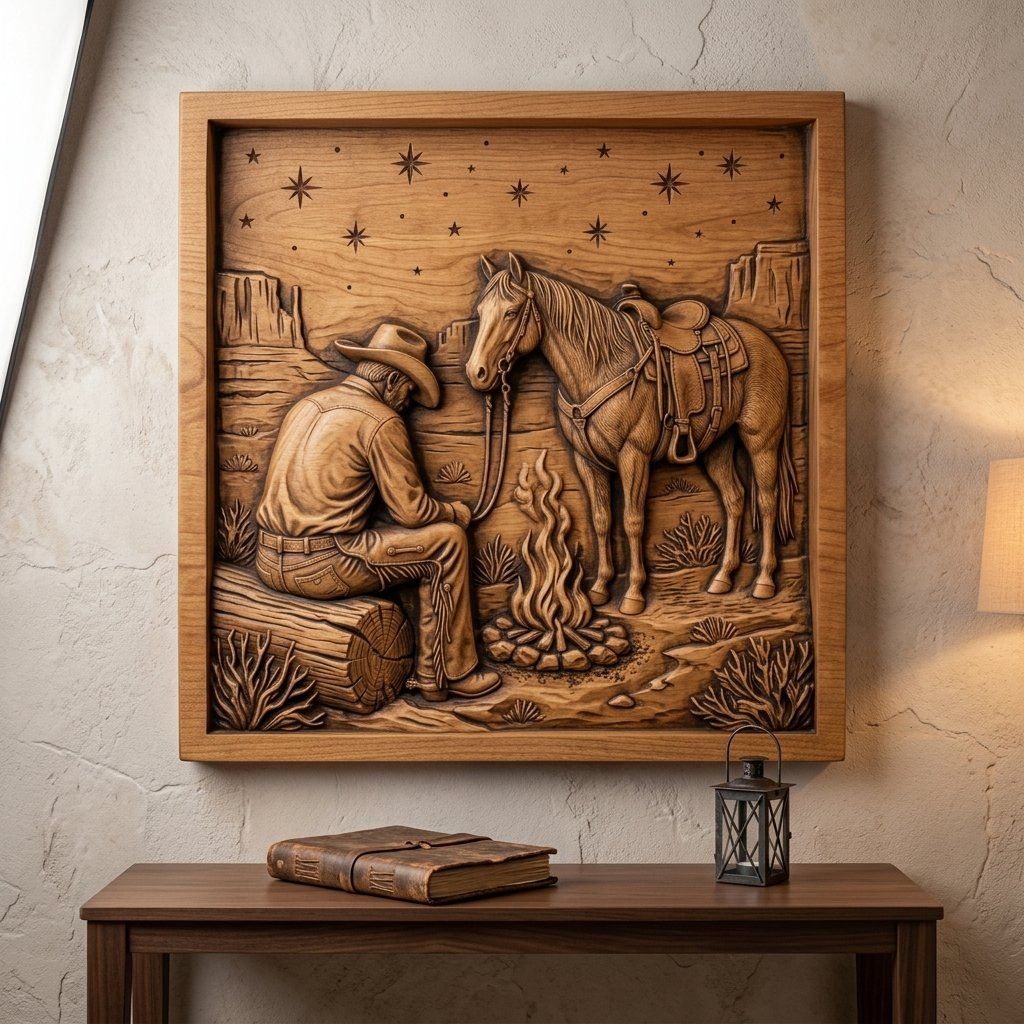 Cowboy Campfire Horse Night Scene CNC Relief STL bas-relief STL — view 14