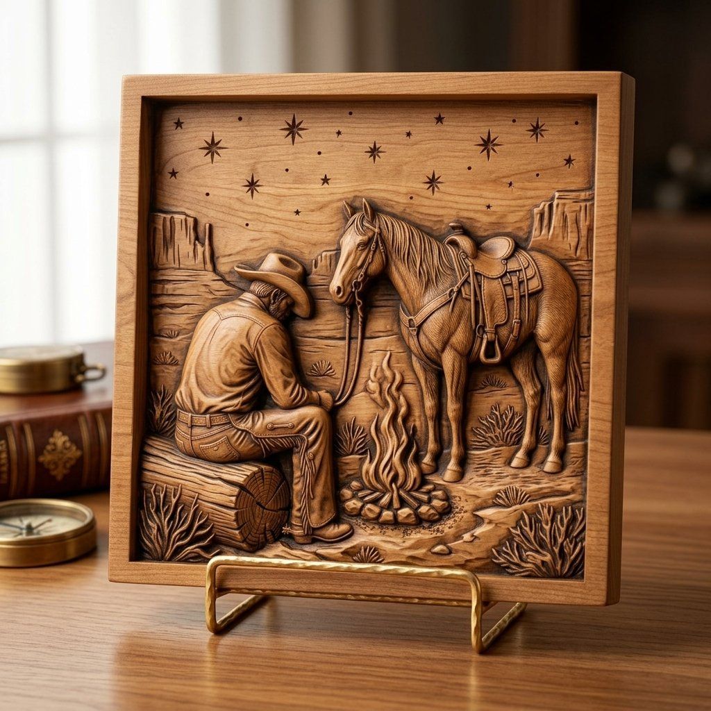 Cowboy Campfire Horse Night Scene CNC Relief STL bas-relief STL — view 3