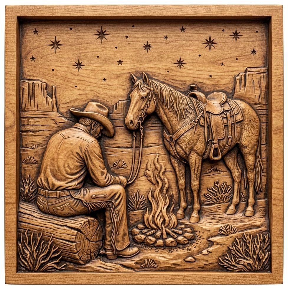 Cowboy Campfire Horse Night Scene CNC Relief STL bas-relief STL — view 11