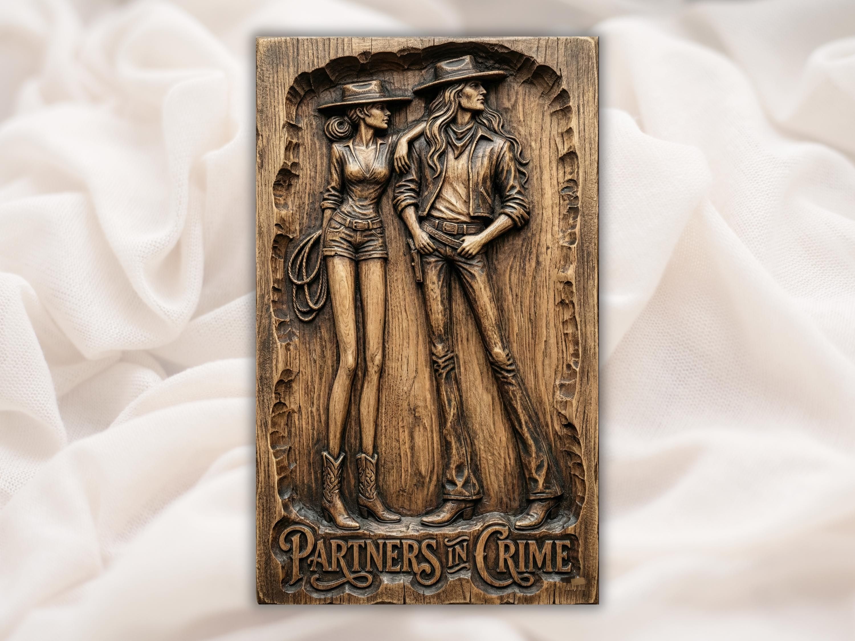 Carved wood relief of a cowgirl and cowboy in hats and boots above Partners in Crime lettering