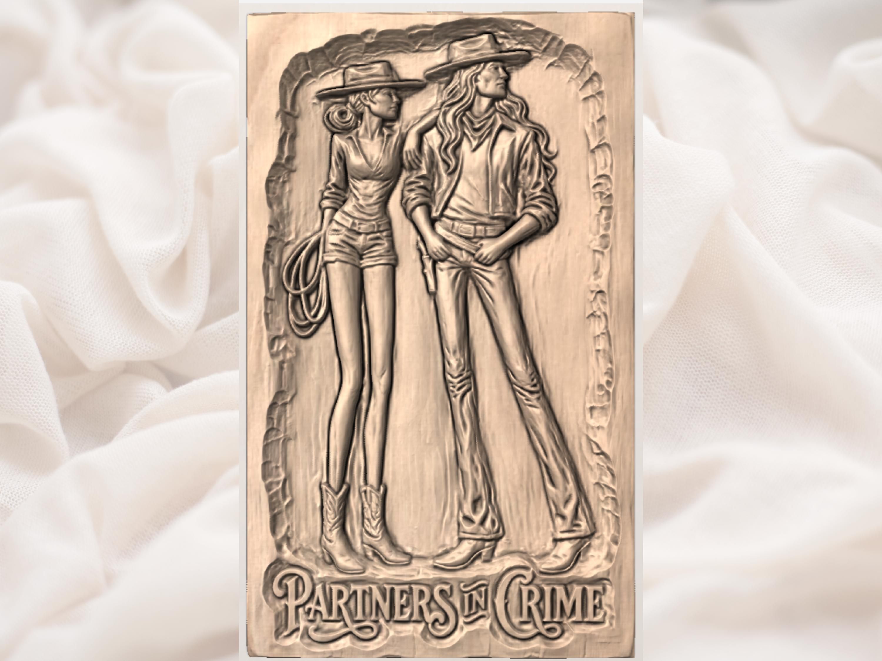 Partners in Crime Cowboy and Cowgirl Western Relief STL bas-relief STL — view 2