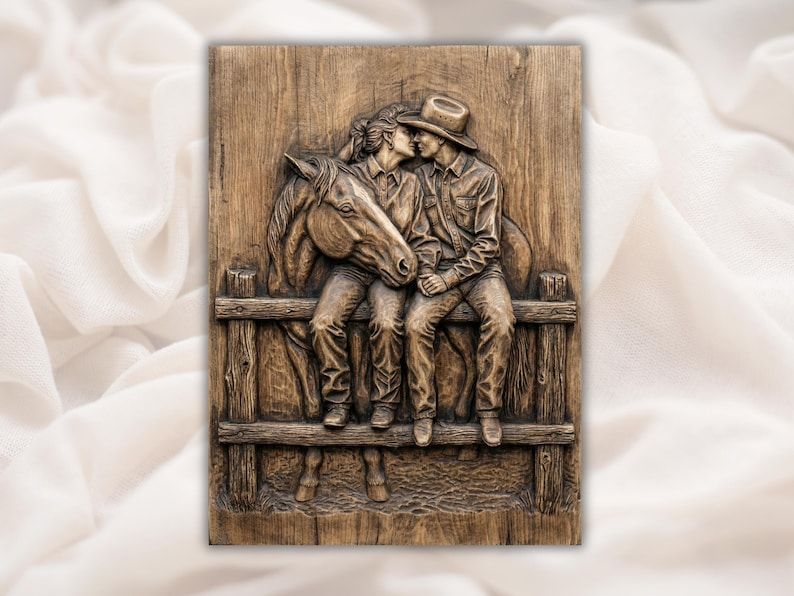 Bas-relief wood carving of a cowboy couple kissing on a ranch fence with a horse leaning in beside them.