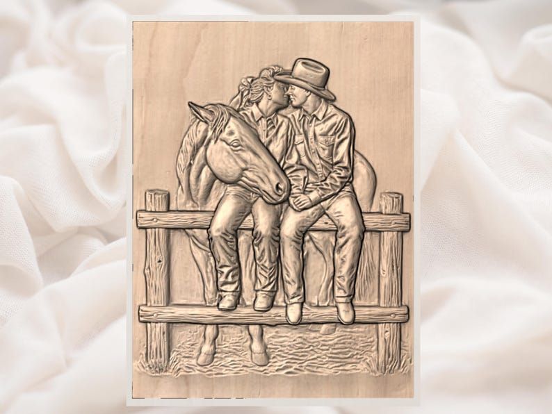 Cowboy Couple Kissing on a Ranch Fence Bas-Relief STL bas-relief STL — view 2