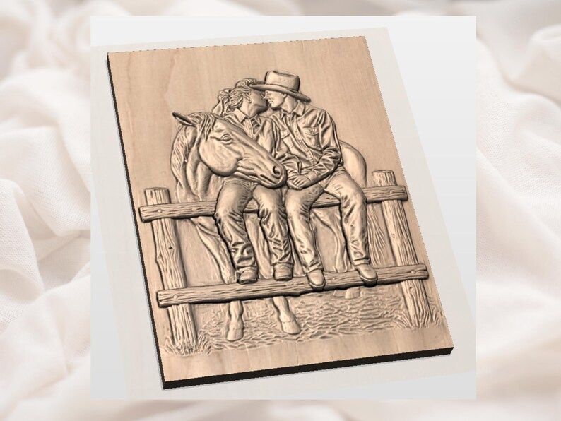Cowboy Couple Kissing on a Ranch Fence Bas-Relief STL bas-relief STL — view 3