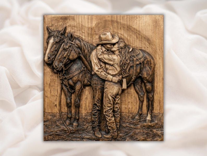 Carved wood bas-relief of a cowboy kissing a cowgirl with two saddled horses standing beside them