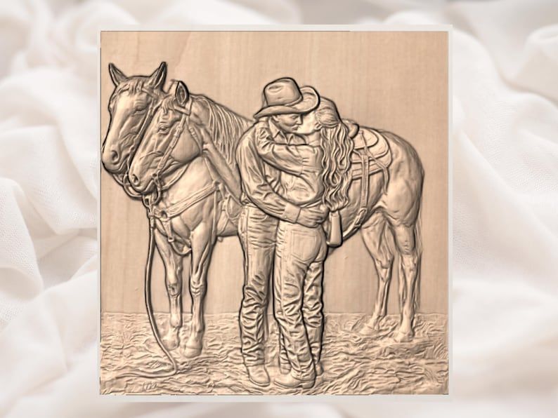 Cowboy and Cowgirl Kiss with Two Horses Bas-Relief STL bas-relief STL — view 2