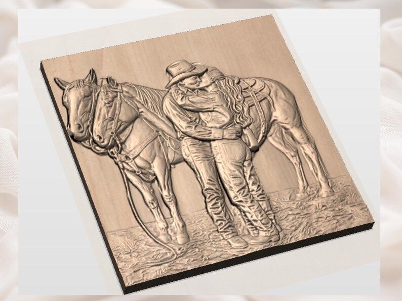 Cowboy and Cowgirl Kiss with Two Horses Bas-Relief STL bas-relief STL — view 3