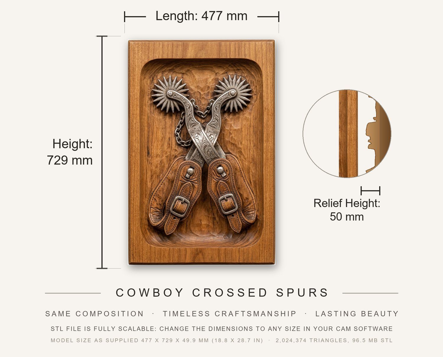Cowboy Crossed Spurs CNC Relief STL bas-relief STL — view 3