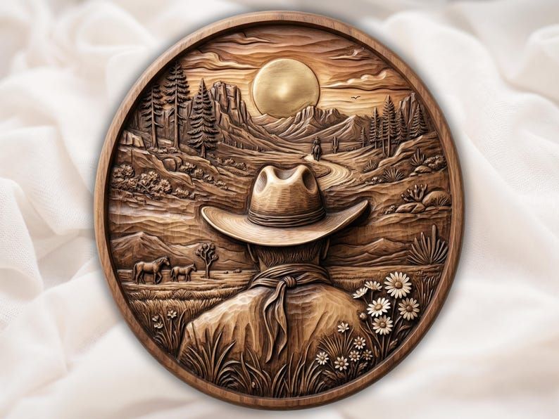 Round bas-relief carving of a cowboy from behind overlooking a desert sunset with mountains, pines, horses, and wildflowers.