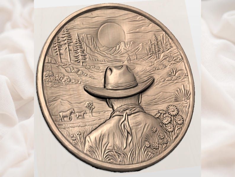 Cowboy at Sunset Desert Overlook Round Bas-Relief STL bas-relief STL — view 2