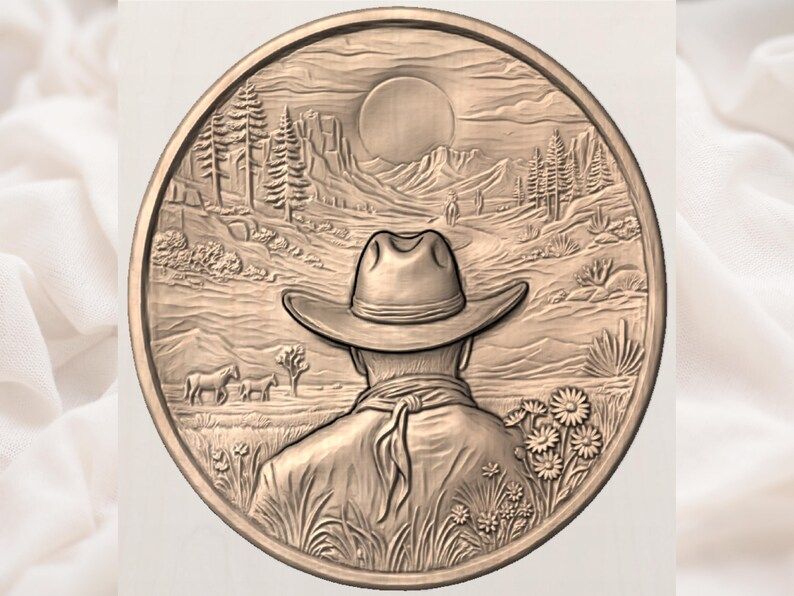 Cowboy at Sunset Desert Overlook Round Bas-Relief STL bas-relief STL — view 3