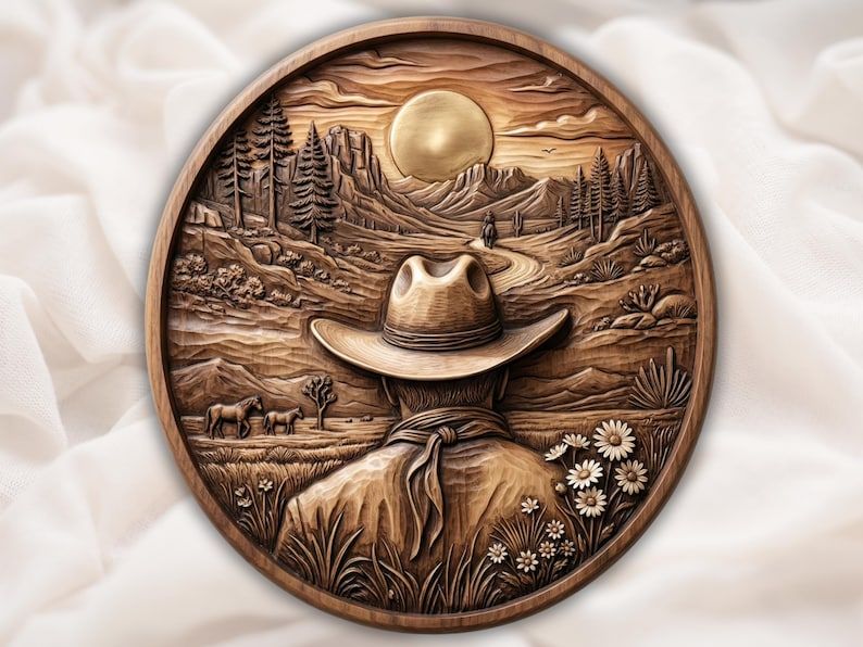 Cowboy at Sunset Desert Overlook Round Bas-Relief STL bas-relief STL design