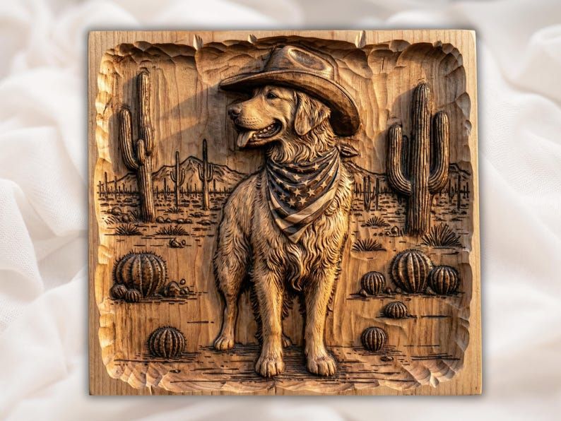 Carved wood relief of a golden retriever in a cowboy hat and flag bandana in a cactus desert scene.