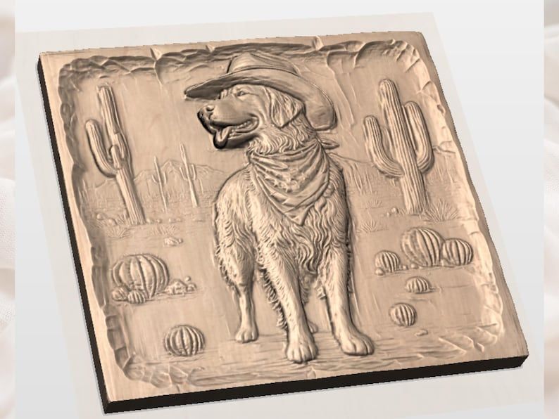 Cowboy Golden Retriever in the Desert 3D Relief STL bas-relief STL — view 2