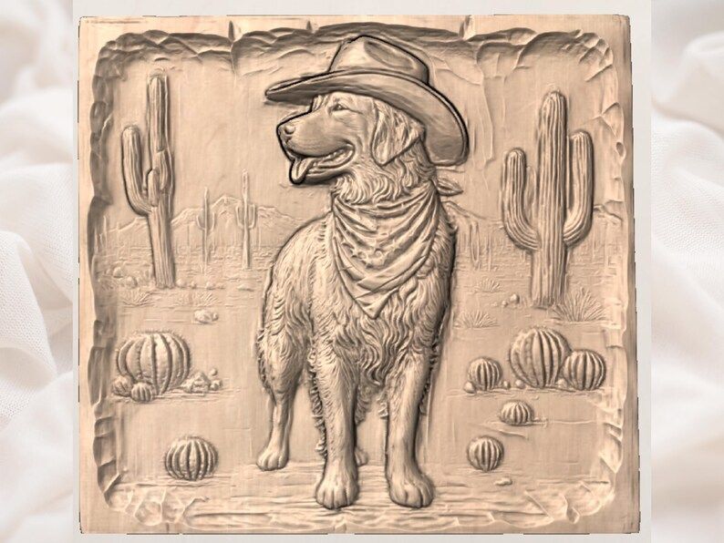 Cowboy Golden Retriever in the Desert 3D Relief STL bas-relief STL — view 3
