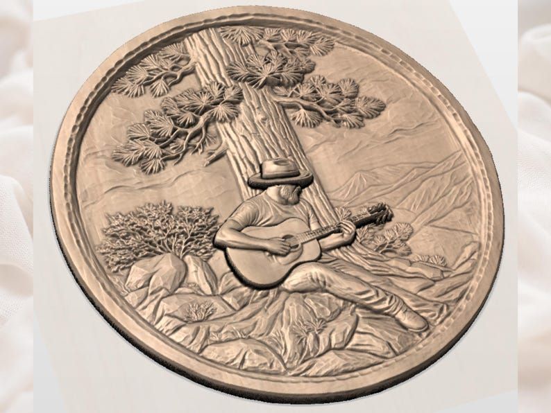 Cowboy Resting Against a Pine, Guitar in Hand, Round Relief STL bas-relief STL — view 2