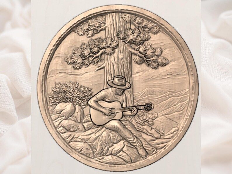 Cowboy Resting Against a Pine, Guitar in Hand, Round Relief STL bas-relief STL — view 3
