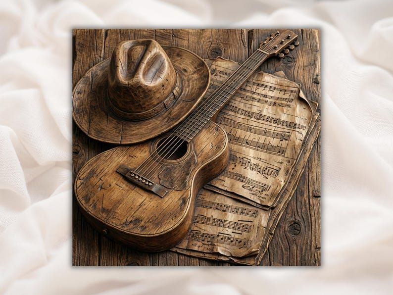 Bas-relief carving of a cowboy hat, acoustic guitar, and old sheet music on weathered wood