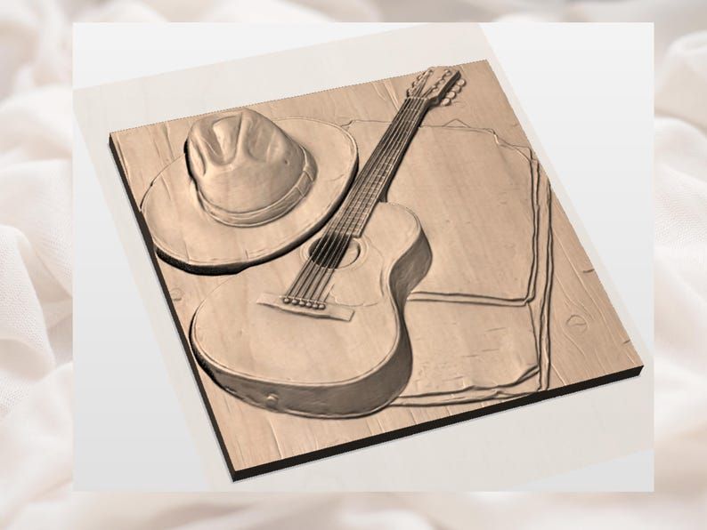 Cowboy Hat and Acoustic Guitar Bas-Relief STL with Sheet Music bas-relief STL — view 2