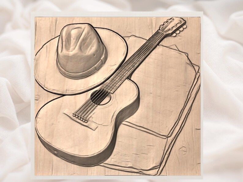 Cowboy Hat and Acoustic Guitar Bas-Relief STL with Sheet Music bas-relief STL — view 3
