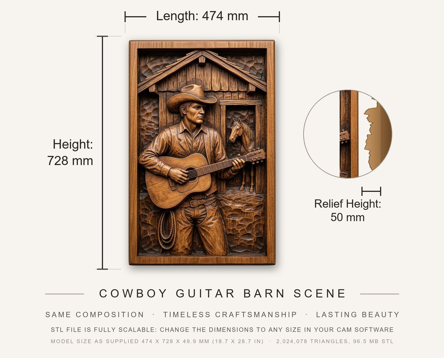 Cowboy Guitar Barn Scene CNC Relief STL bas-relief STL — view 3