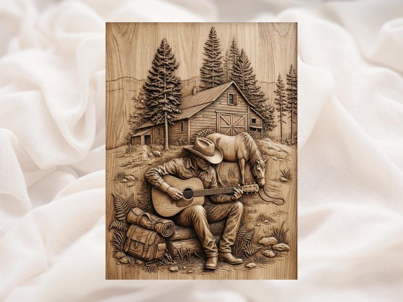 Bas-relief carving of a cowboy playing guitar beside a horse, log cabin, and pine trees
