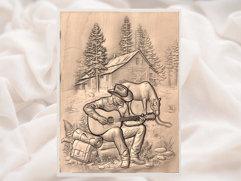 Cowboy Playing Guitar by the Cabin Bas-Relief STL with Horse bas-relief STL — view 2