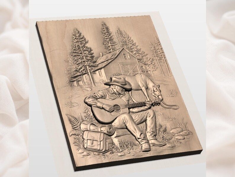 Cowboy Playing Guitar by the Cabin Bas-Relief STL with Horse bas-relief STL — view 3