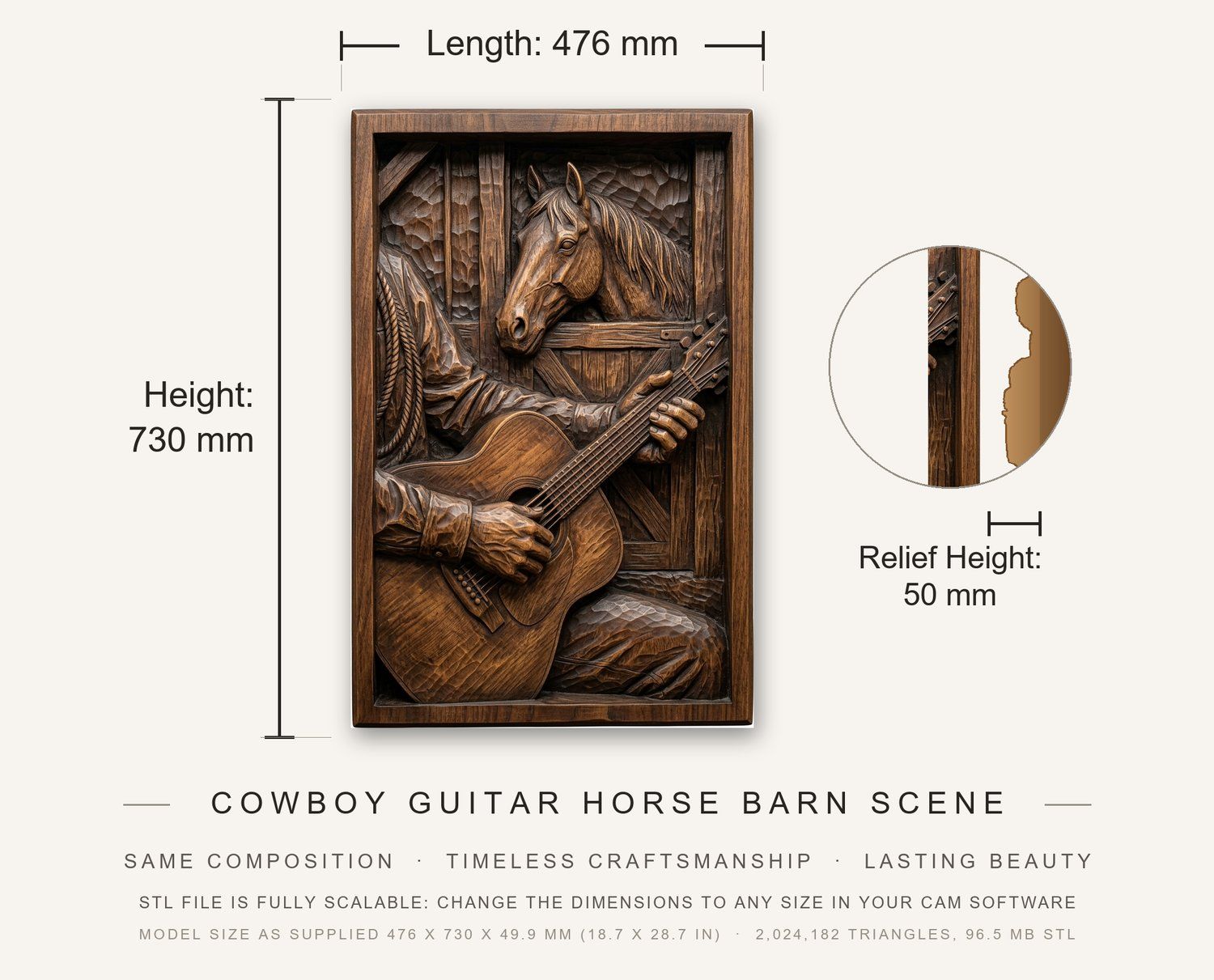 Cowboy Guitar Horse Barn Scene CNC Relief STL bas-relief STL — view 3