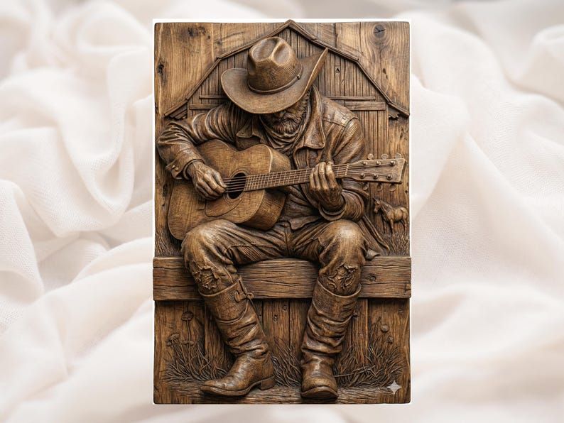 Bas-relief carving of an old cowboy in a hat sitting on a bench playing guitar in front of a barn