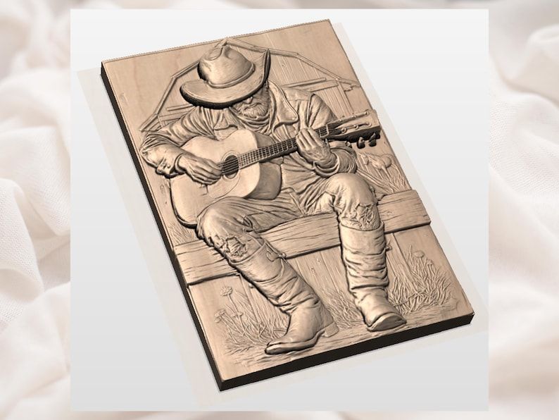 Old Cowboy Playing Guitar on a Barn Bench Bas-Relief STL bas-relief STL — view 2