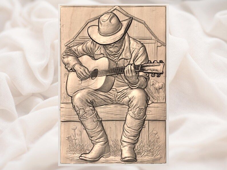 Old Cowboy Playing Guitar on a Barn Bench Bas-Relief STL bas-relief STL — view 3