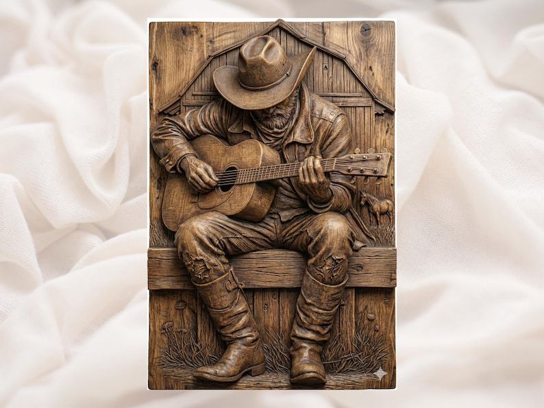 Old Cowboy Playing Guitar on a Barn Bench Bas-Relief STL bas-relief STL design