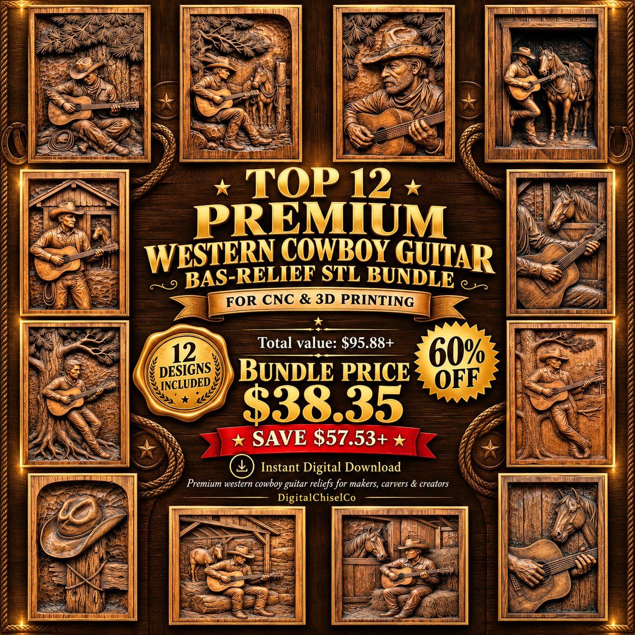 Cowboy Guitar Western CNC Relief STL bas-relief STL design