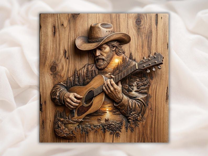 Bas-relief wood carving of a bearded cowboy playing guitar with a sunset forest and stream behind him