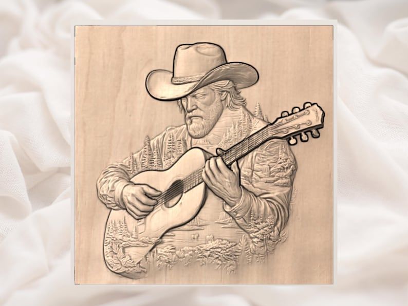 Cowboy Guitarist Bas-Relief STL with Sunset Forest Scene bas-relief STL — view 2