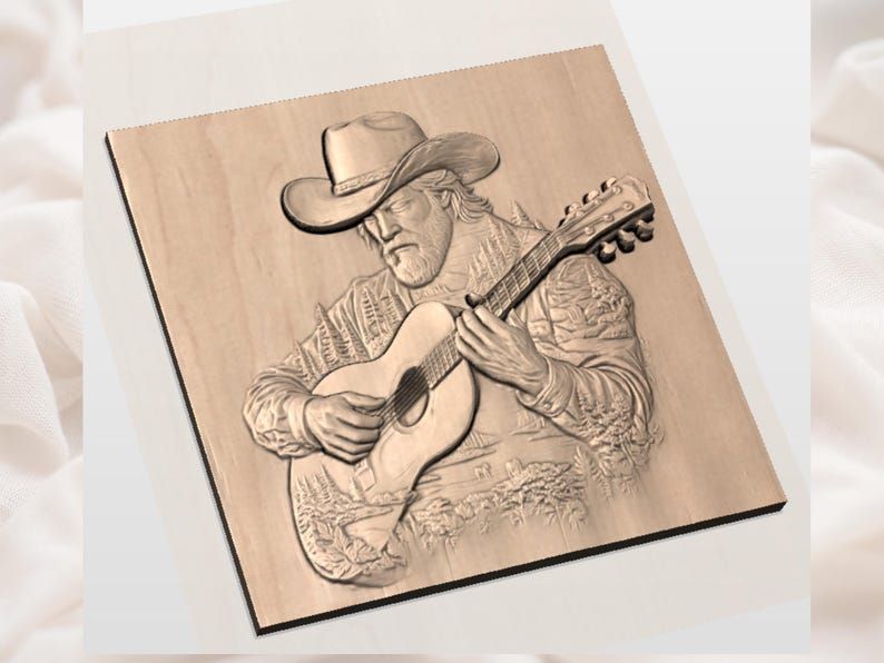 Cowboy Guitarist Bas-Relief STL with Sunset Forest Scene bas-relief STL — view 3