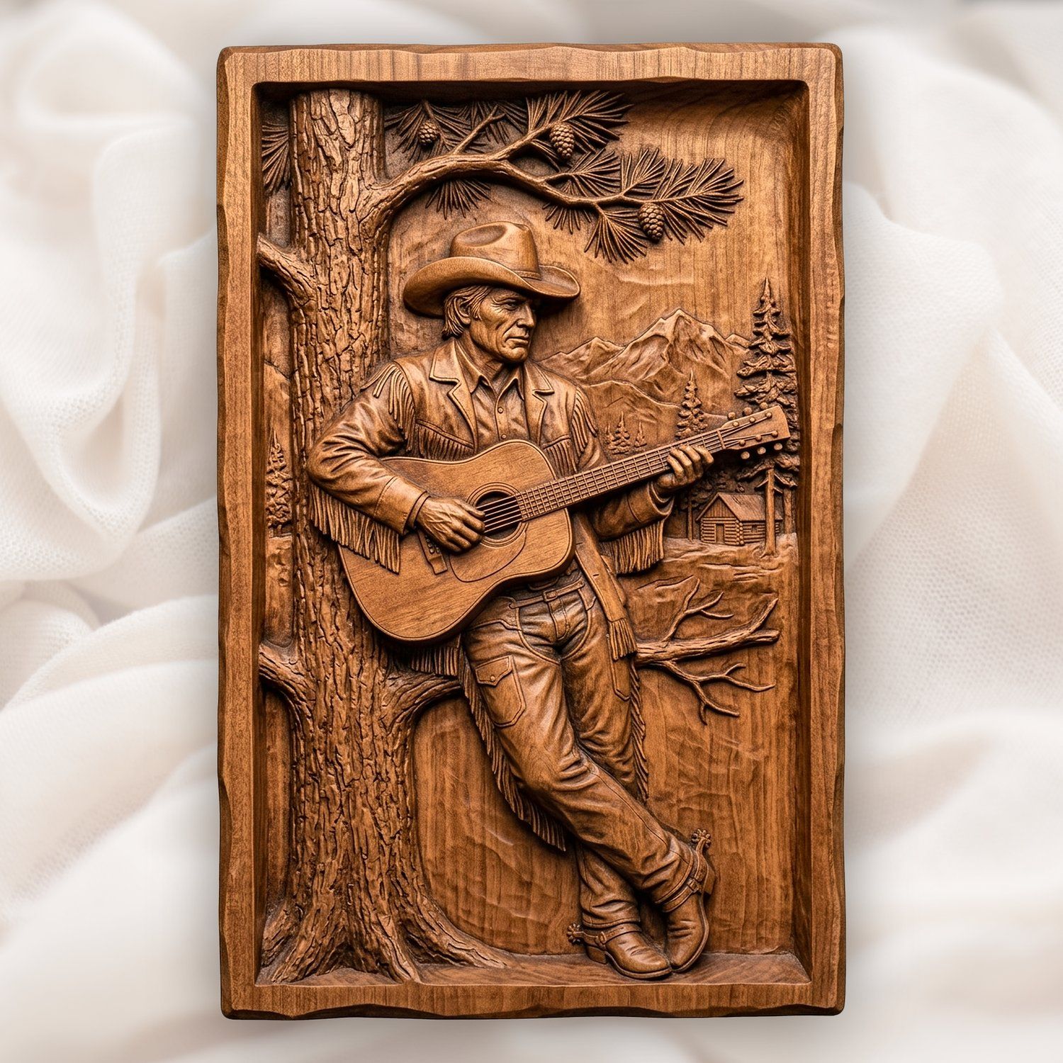 Cowboy Guitarist Pine Tree Scene CNC Relief STL bas-relief STL design