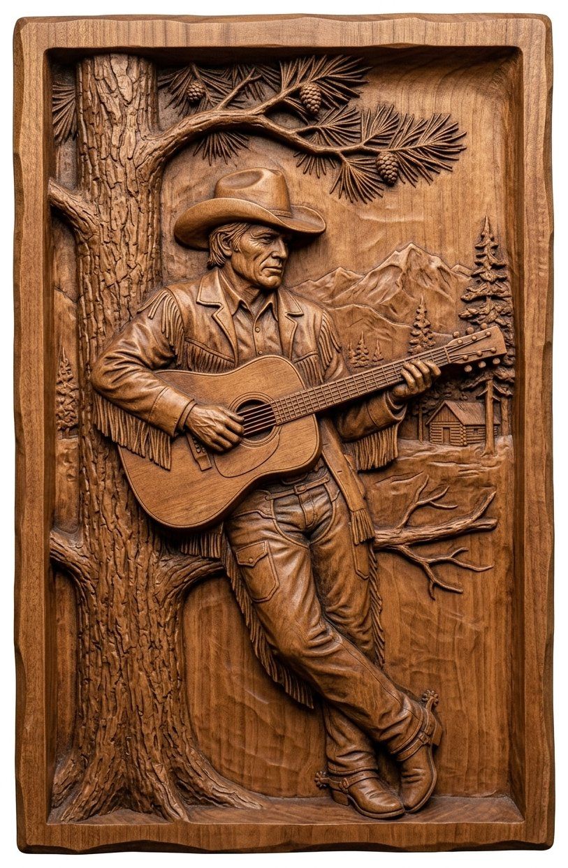 Cowboy Guitarist Pine Tree Scene CNC Relief STL bas-relief STL — view 12