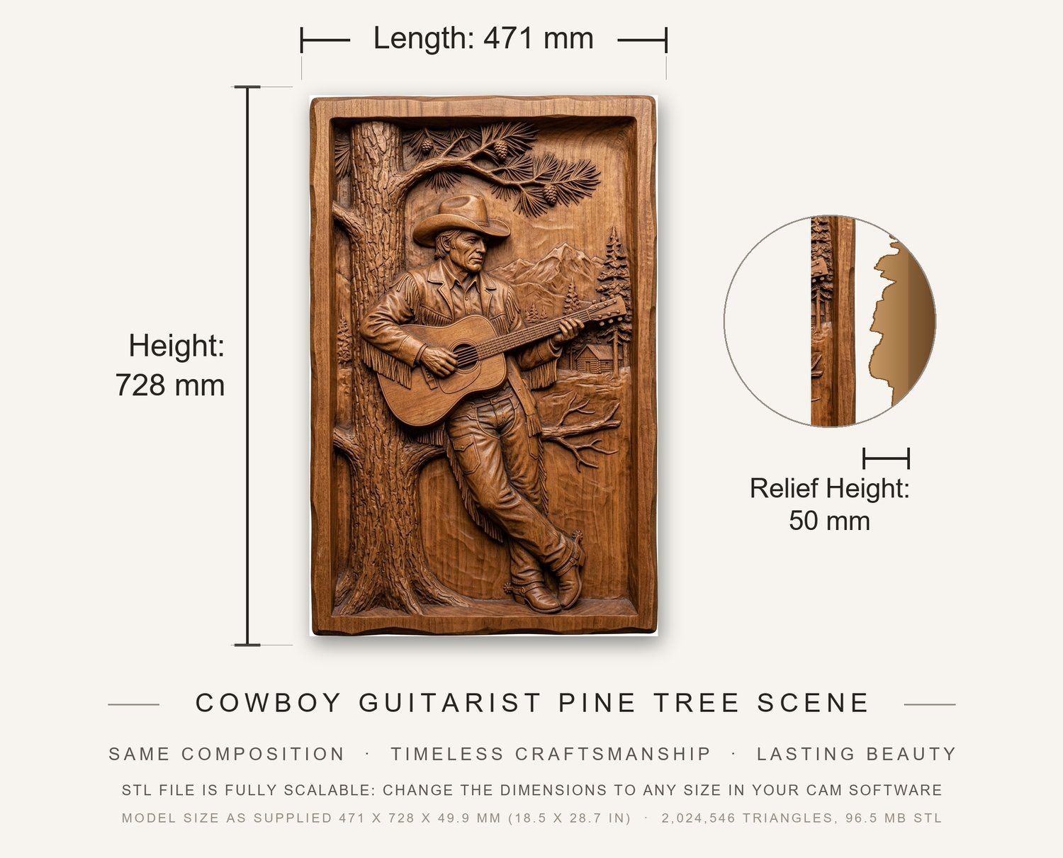 Cowboy Guitarist Pine Tree Scene CNC Relief STL bas-relief STL — view 3