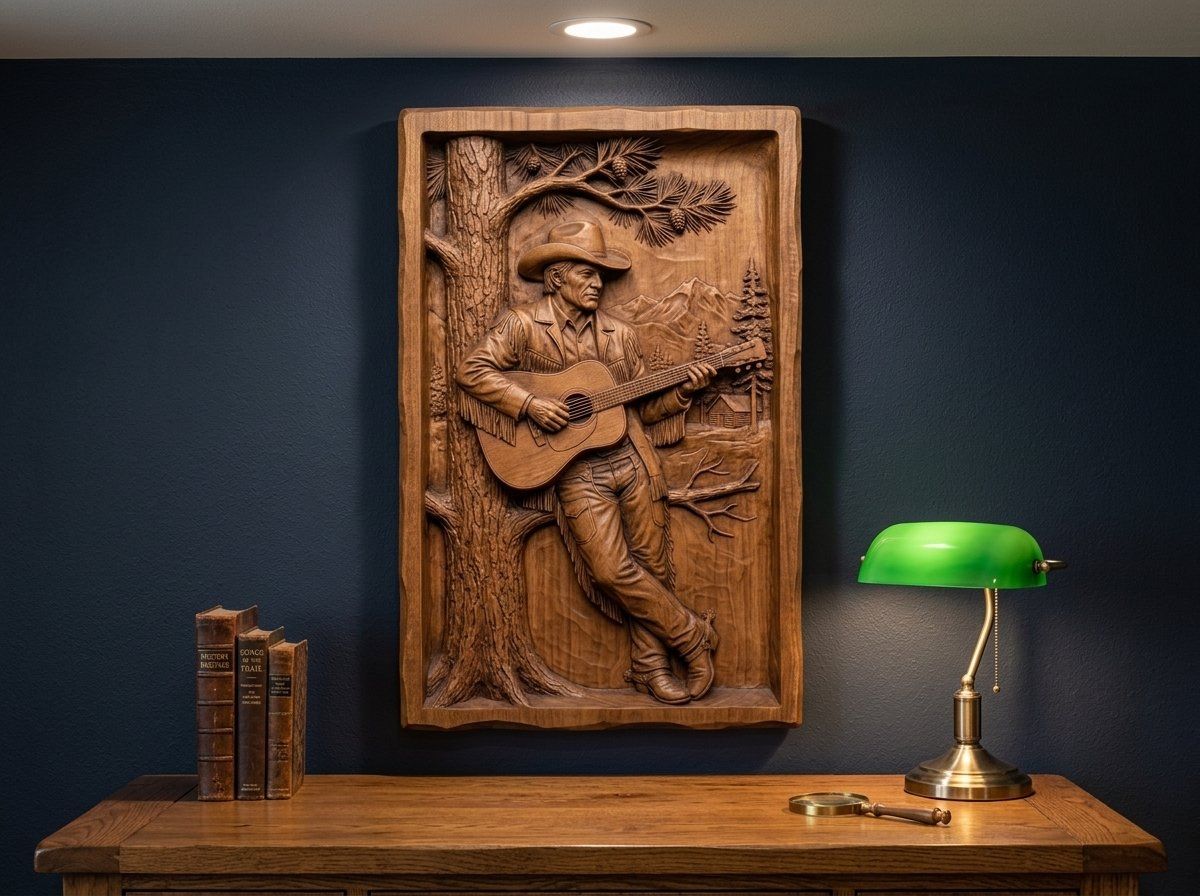 Cowboy Guitarist Pine Tree Scene CNC Relief STL bas-relief STL — view 14