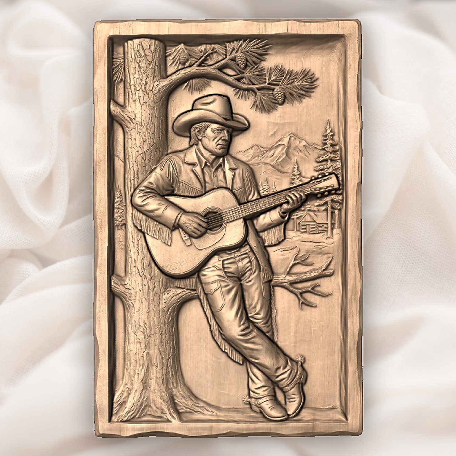 Cowboy Guitarist Pine Tree Scene CNC Relief STL bas-relief STL — view 4