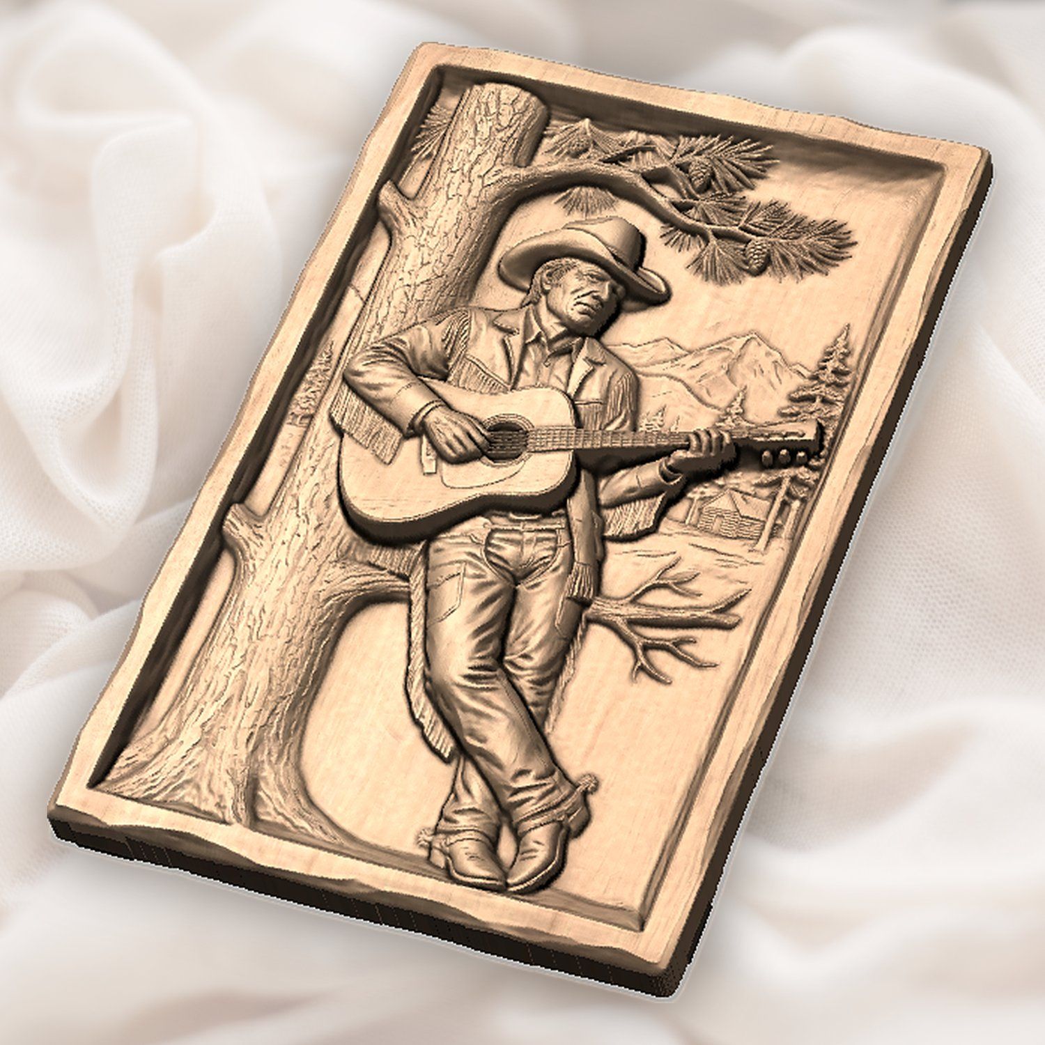 Cowboy Guitarist Pine Tree Scene CNC Relief STL bas-relief STL — view 5