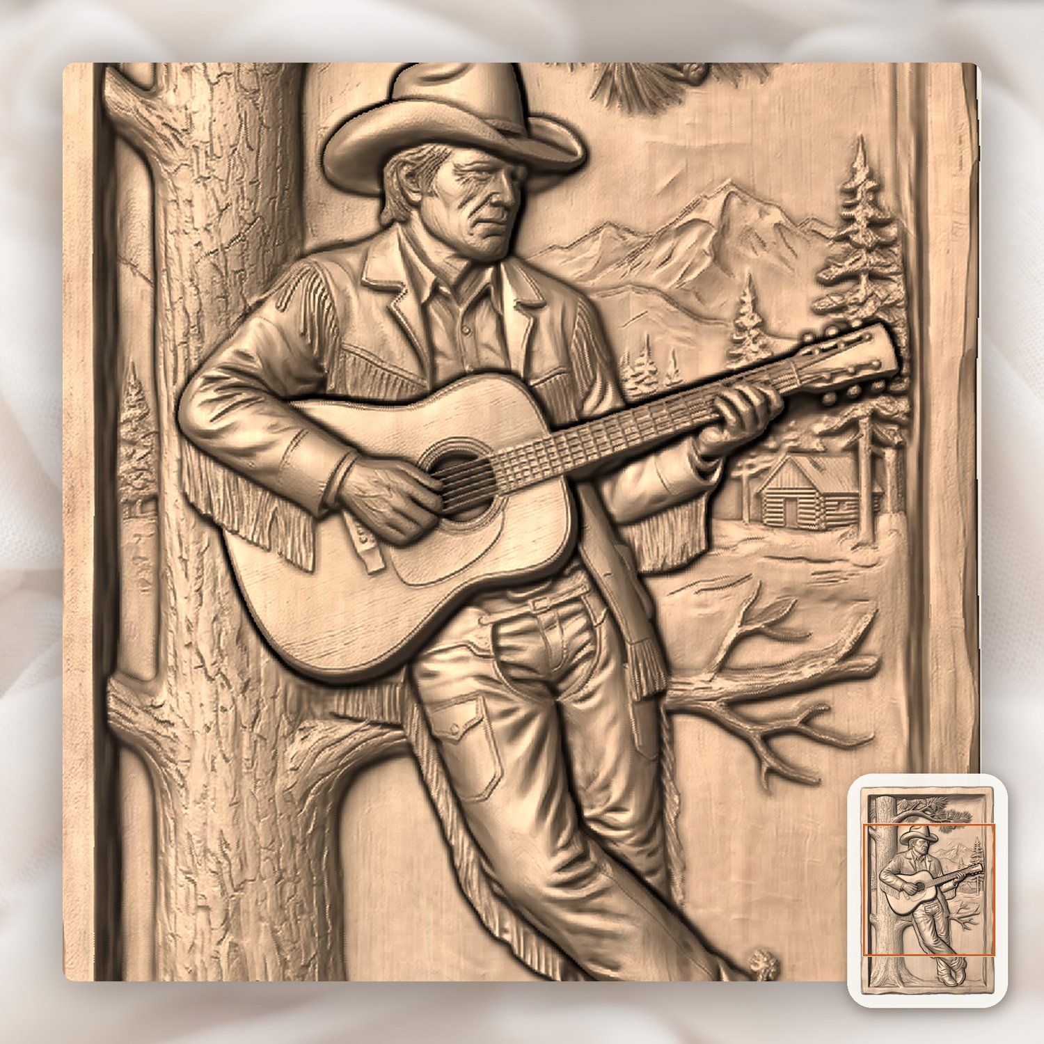 Cowboy Guitarist Pine Tree Scene CNC Relief STL bas-relief STL — view 6