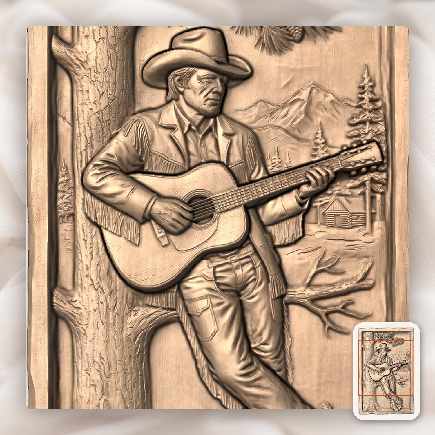 Cowboy Guitarist Pine Tree Scene CNC Relief STL bas-relief STL — view 7
