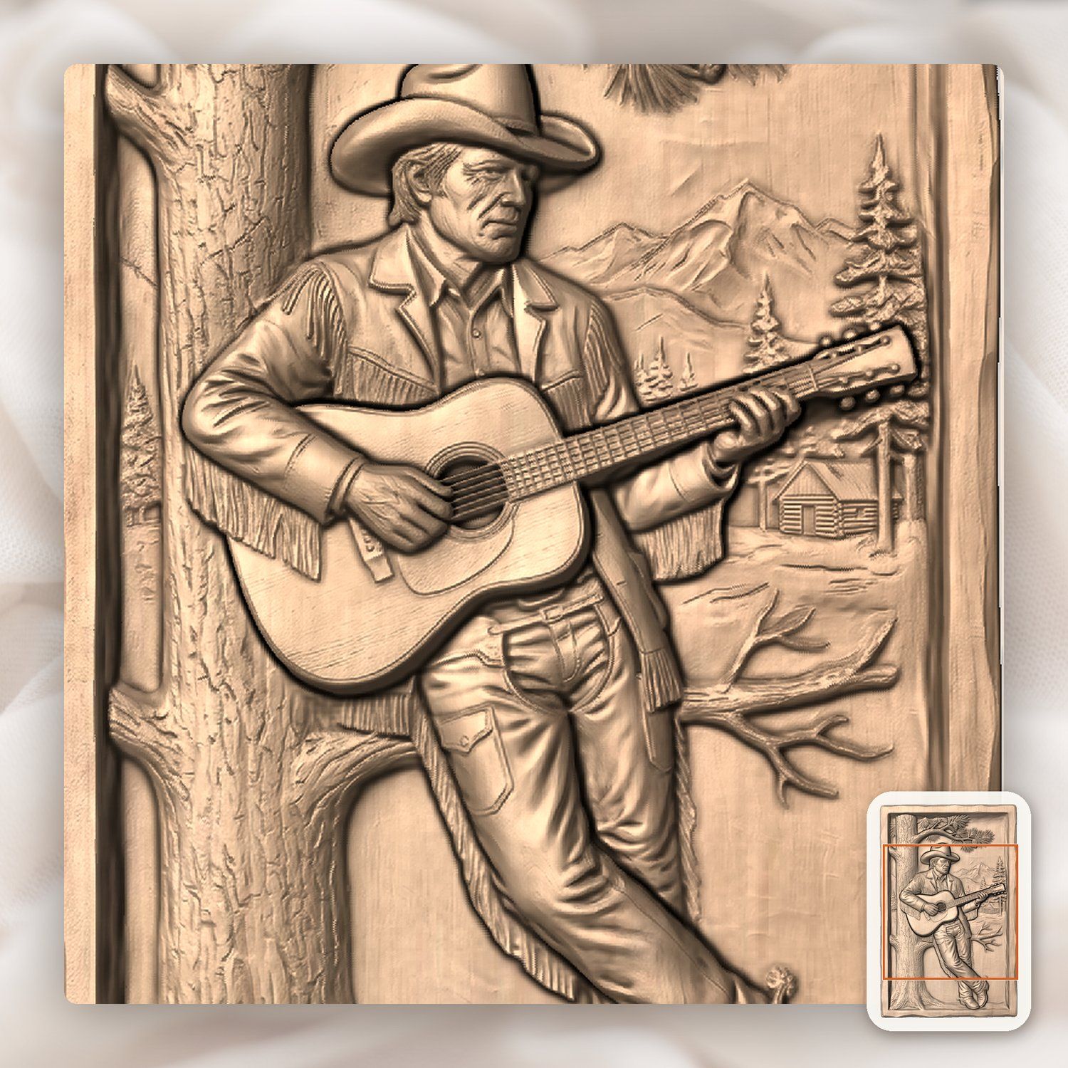 Cowboy Guitarist Pine Tree Scene CNC Relief STL bas-relief STL — view 8