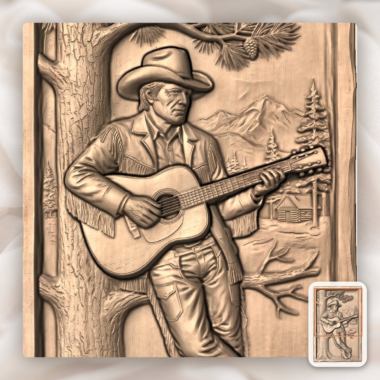 Cowboy Guitarist Pine Tree Scene CNC Relief STL bas-relief STL — view 9